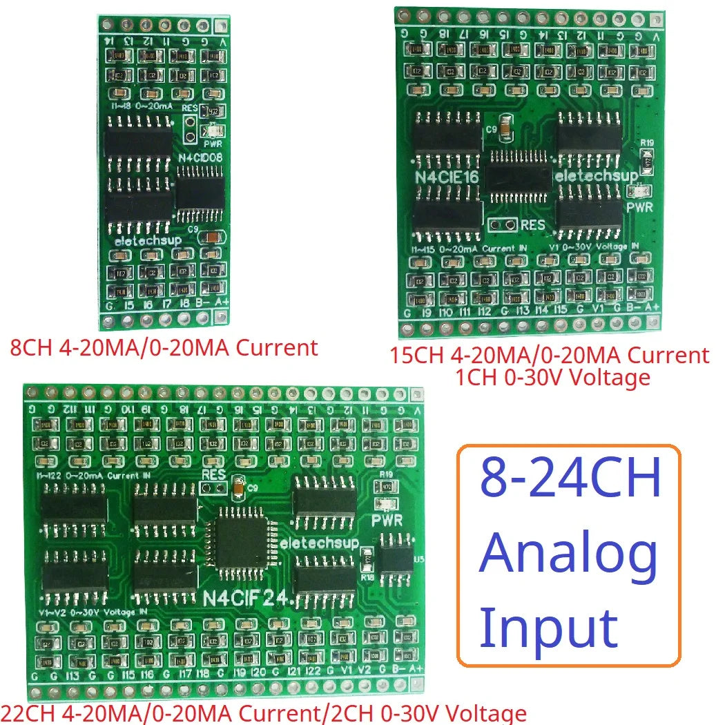 N4CID08/N4CIE16/N4CIF24 8-24CH 4-20mA/0-30V to RS485 Converter – 2.54mm Pin Modbus RTU Analog Input ADC Collector Board for PLC SCADA DCS