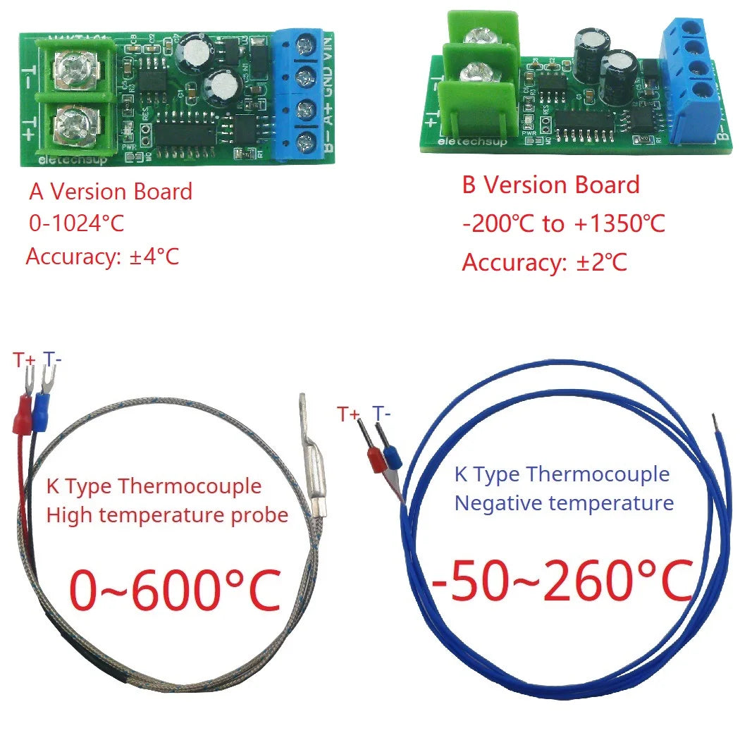 N4KTA01 K-Type Thermocouple to RS485 Converter – -200 to 1350°C Modbus RTU Digital Temperature Measurement Board for PLC Industrial Automation