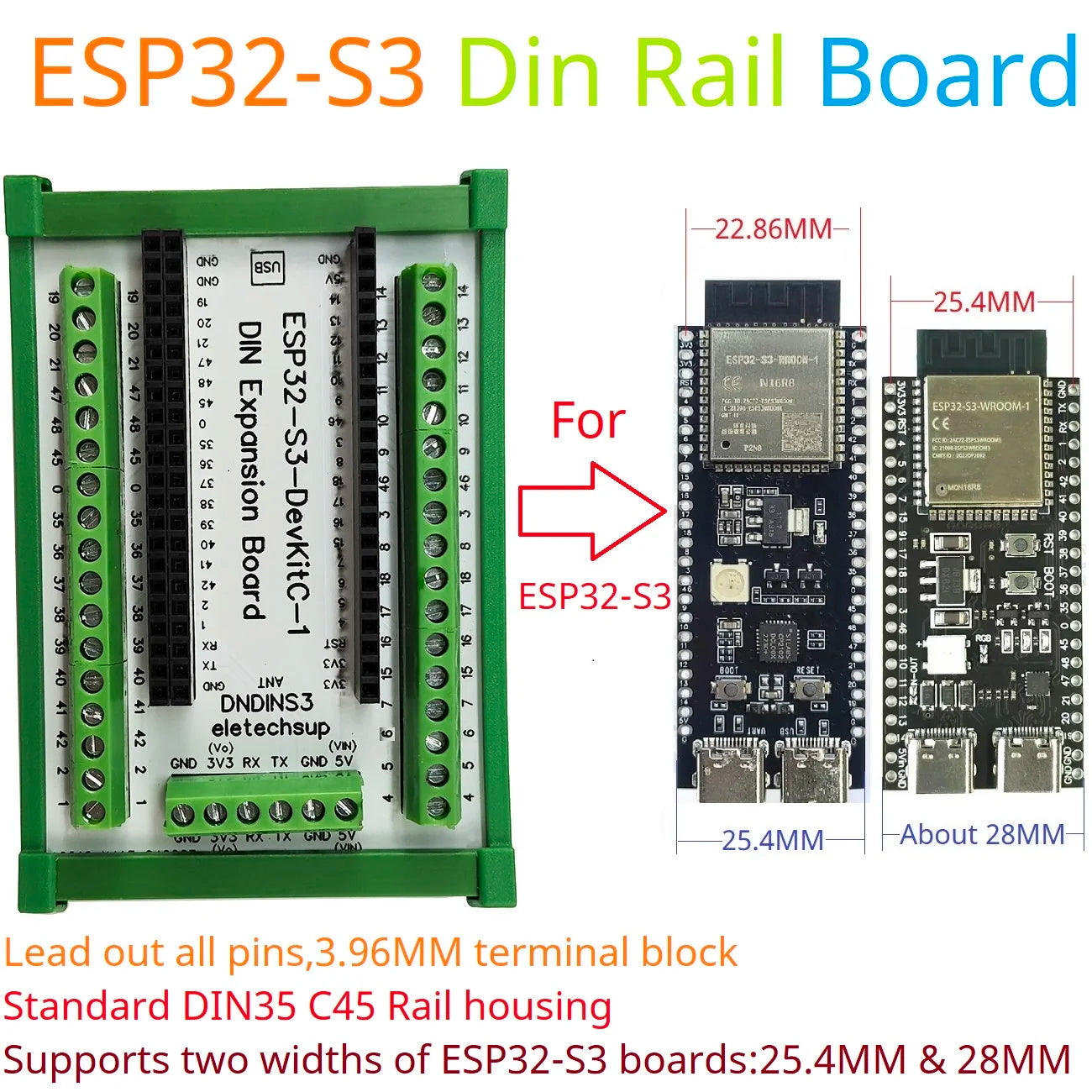 DNDINS3 DIN Rail ESP32-S3 Development Board – N16R8/N8R8 GPIO Expansion Module with 3.96mm Screw Terminals for Industrial IoT Arduino