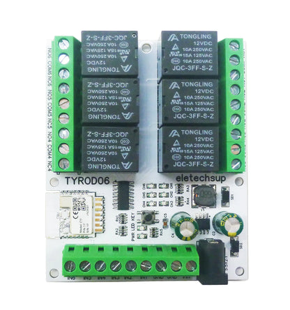 TYROD06 6CH WiFi Smart Relay Module – DC 5V/12V/24V 6DI 6DO 10A IoT Switch with Tuya APP Remote Control for Home Automation