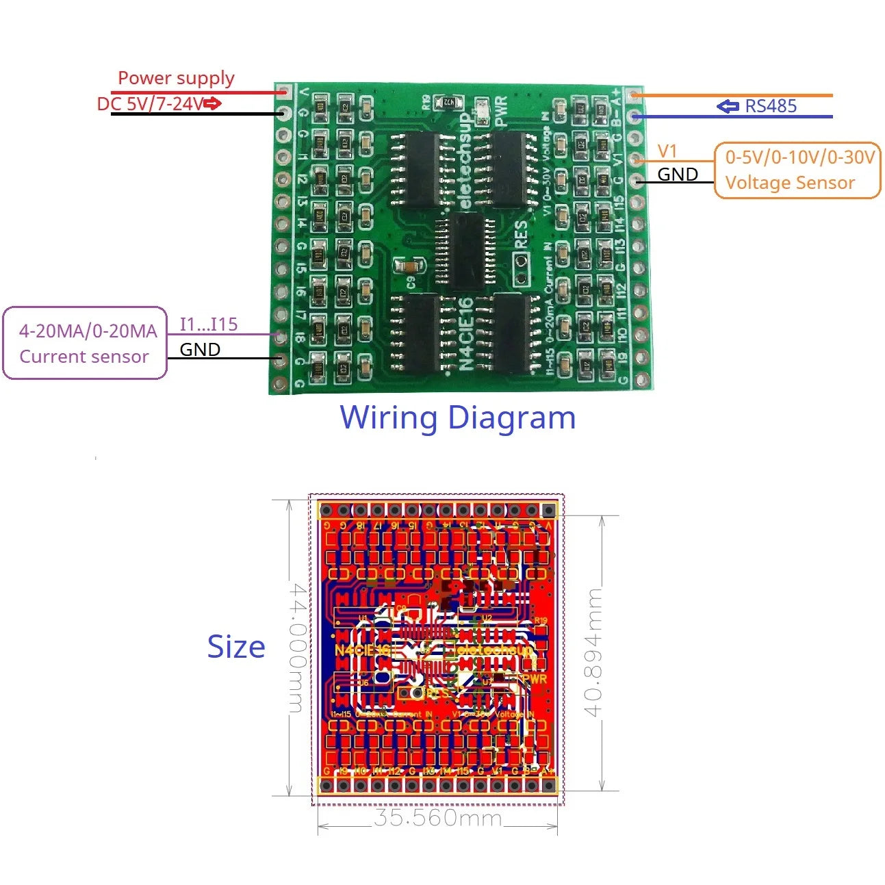 N4CIE16 16CH Remote IO Core Board – 15x 4-20mA Current & 1x 0-30V Voltage Input Modbus RTU RS485 2.54mm Pin ADC Module for PLC SCADA