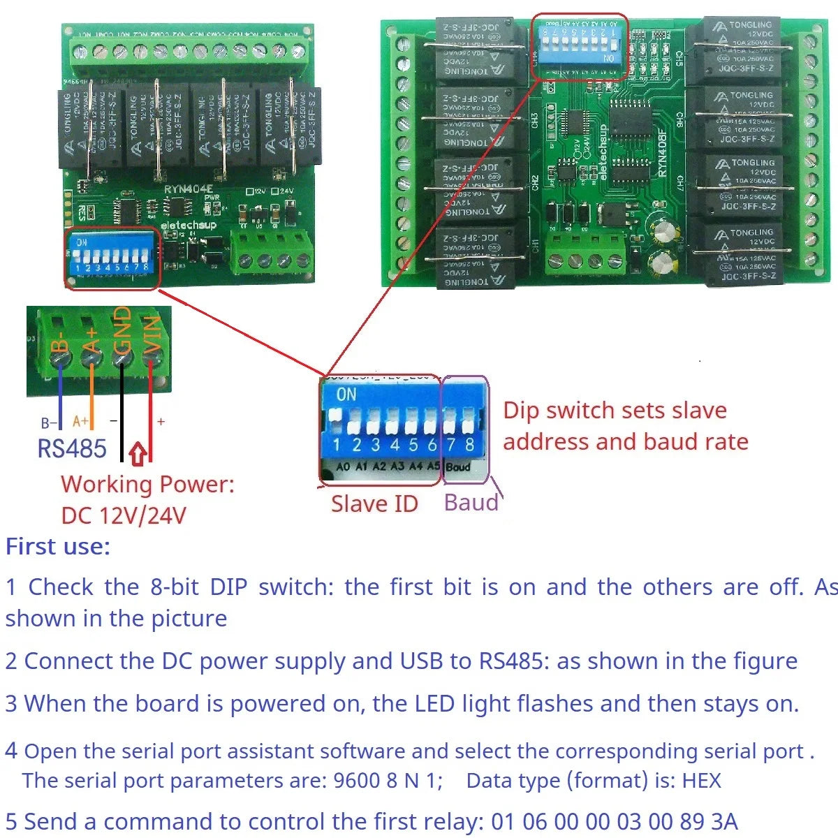 RYN404E/RYN408F 4/8CH Pluggable Relay Module – RS485 Modbus RTU with DIP Switch Slave ID & Baud Rate for PLC Automation