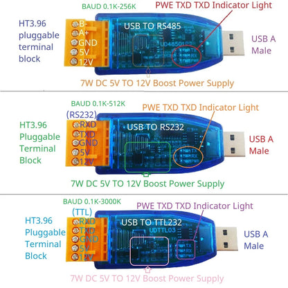 UD23202/UDTTL03 USB to RS485 RS232 TTL Converter – 12V 5V VCC Output Industrial Serial Adapter for PLC HMI PTZ Smart Home Debugging