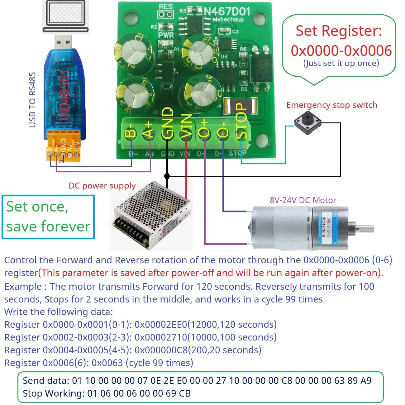 N467D01 RS485 Modbus RTU DC Motor Driver – 8-30V 1-2A Forward Reverse Stop Delay Controller with 497-Day Timer for PLC Automation