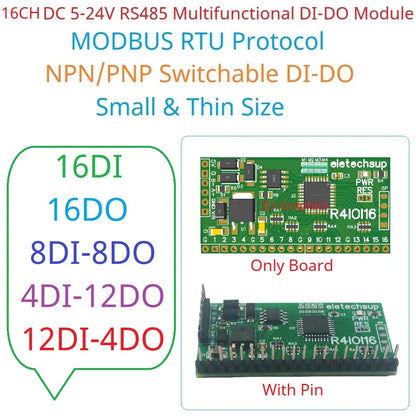Modbus RTU Digital I/O RS485 Board – 16DI/16DO/8DI-8DO/4DI-12DO/12DI-4DO Selectable for Arduino ESP32 ESP8266 PLC Smart Home