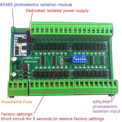 24DIA16/24DIB32/24DIC48 16-48CH Digital Input Module – NPN/PNP Switch PLC IO Expansion Board with 3000VDC Isolation RS485 Modbus RTU