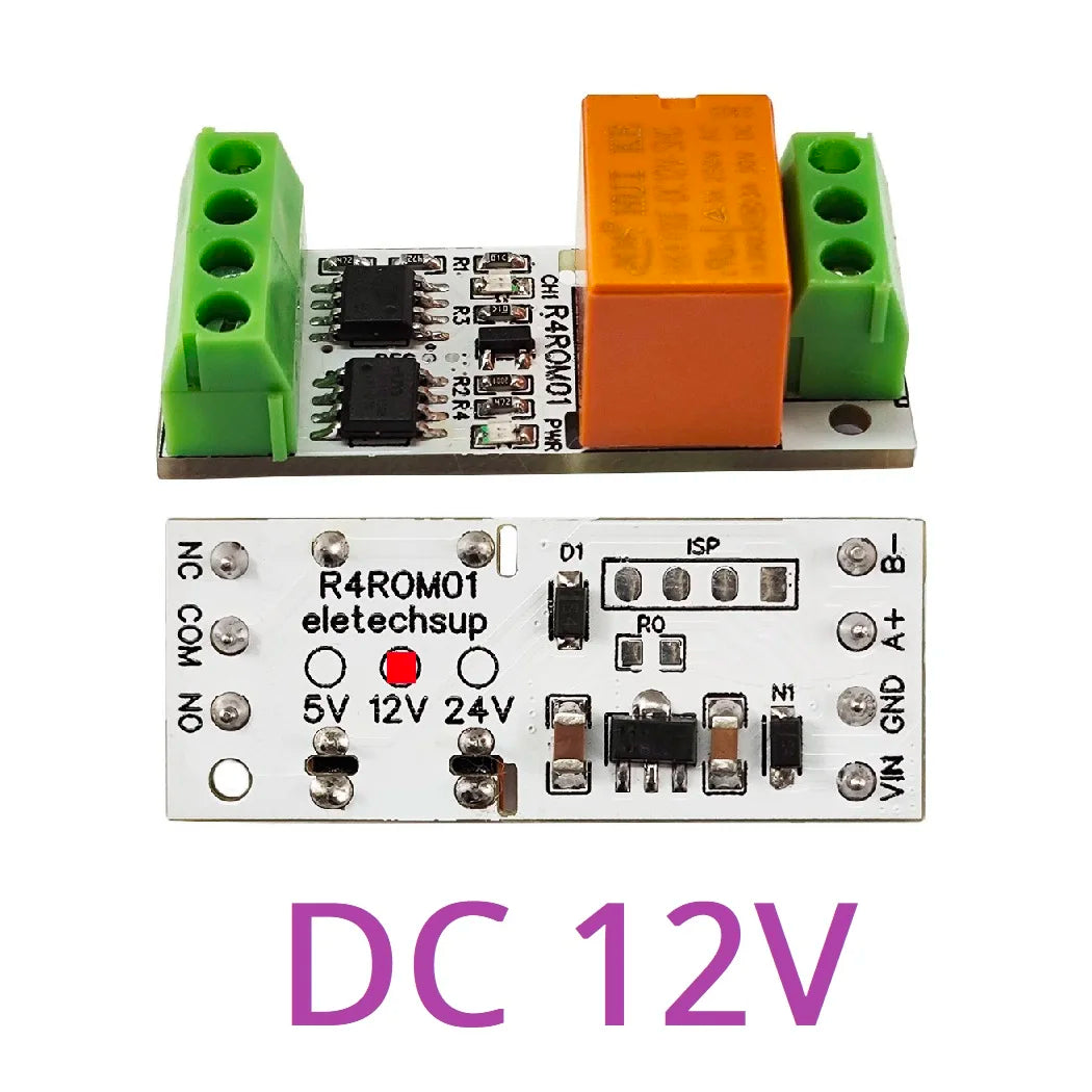 R4ROM01 3A Mini RS485 Relay Module – Low Noise 5V/12V/24V Modbus RTU Remote IO Board with 6 Control Commands for PLC Smart Home