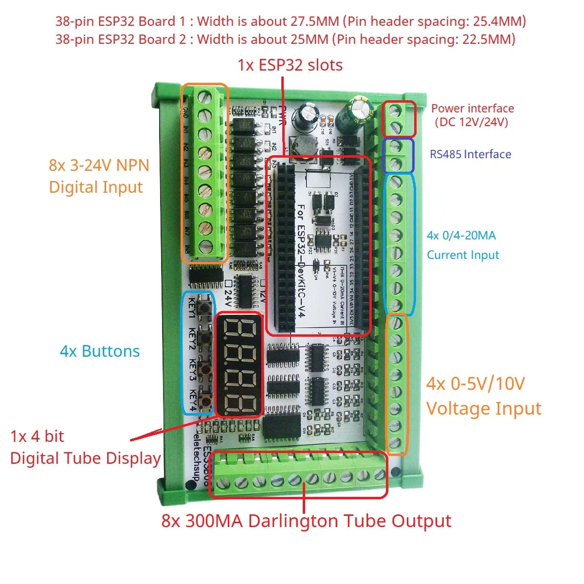 ES32A08 ESP32 Industrial IO Expansion Board – 8AI-8DI-8DO Relay Module with RS485 Modbus & WiFi for PLC Automation IoT DIY