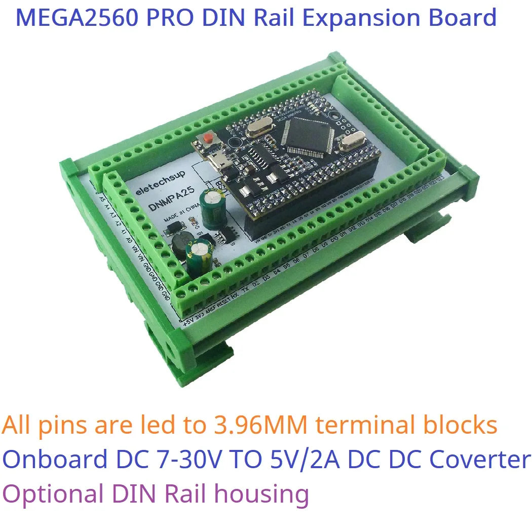 DNMPA25 DIN Rail Mount Screw Terminal Adapter – 12V/24V Expansion Board with 5V/2A DC-DC Converter for Arduino MEGA2560 Pro
