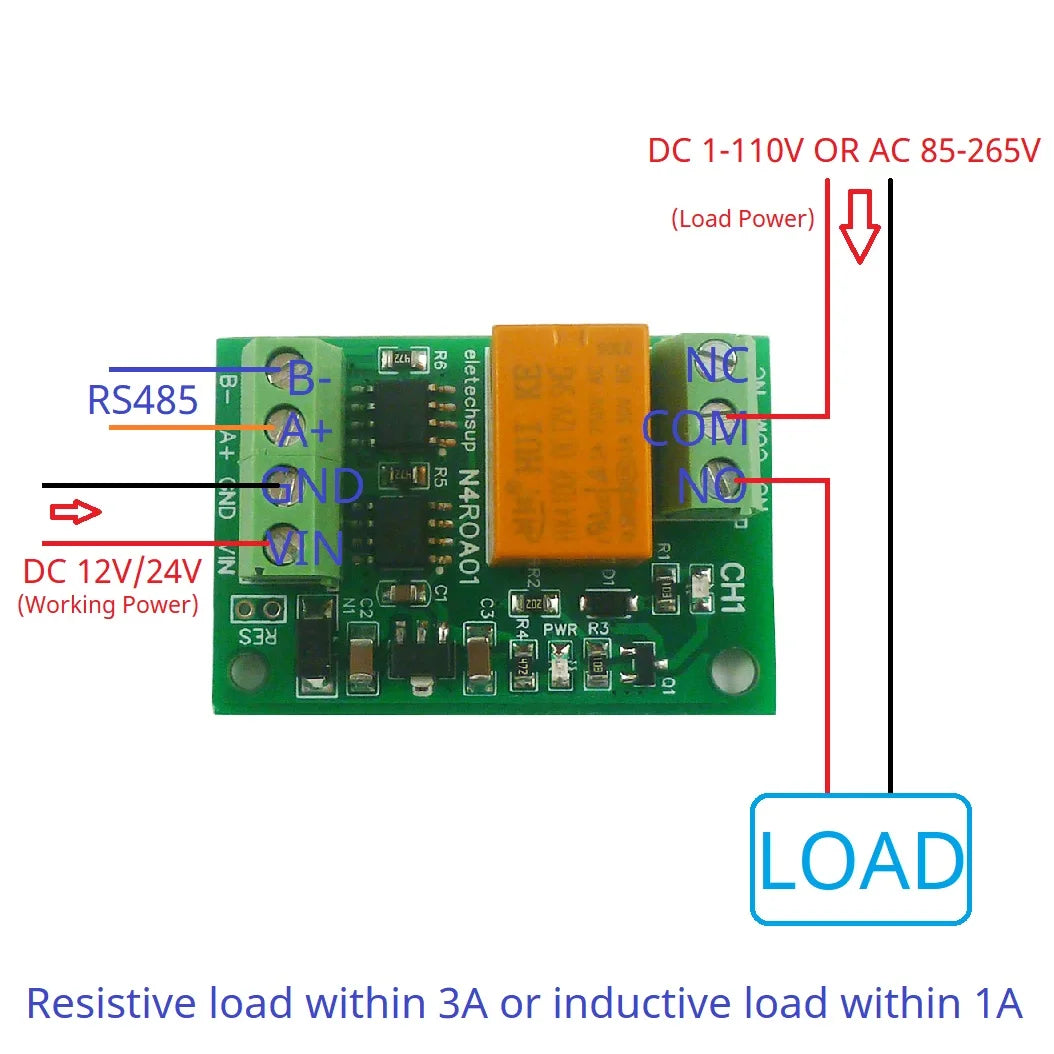 N4ROA01 1CH 3A RS485 Relay Module – DC 12V/24V Micro Modbus RTU Board with 6 Commands for PLC PTZ Smart Home